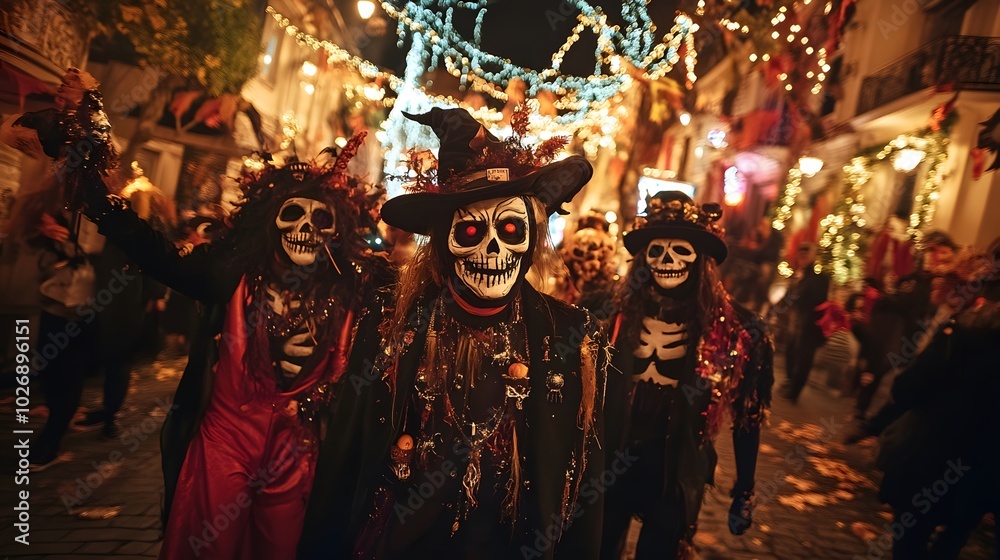 Portrait of a group of people in funny, exciting Halloween costumes, with a scenic backdrop of a street filled with decorations and lights Portrait of a group of people in funny, exciting Halloween costumes, with a scenic backdrop of a street filled with decorations and lights