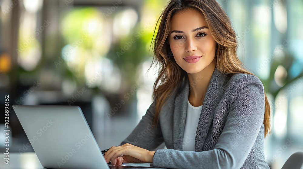 A young woman with a confident smile sits in front of a laptop, looking directly at the camera. A young woman with a confident smile sits in front of a laptop, looking directly at the camera.