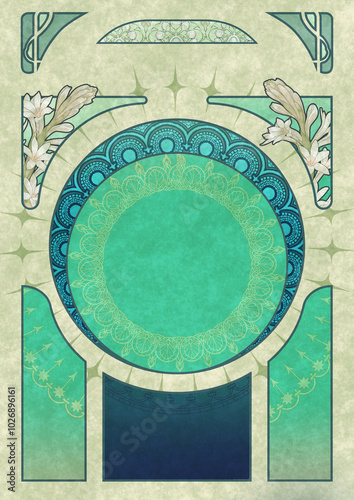blue and green, white flower, plants art-nouveau BG