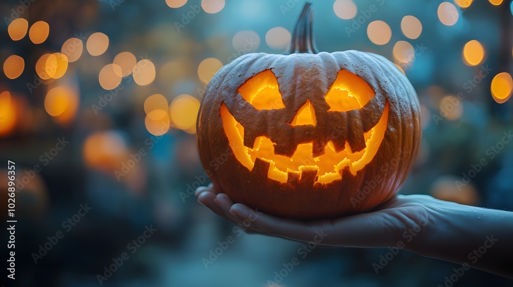 Naklejka premium Close-up of a hand holding a carved, scary jack-o-lantern, with realistic details of the pumpkin and a festival background filled with spooky lights