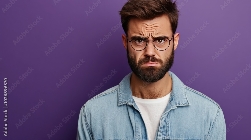 Obraz premium Man with beard frowns, unhappy.