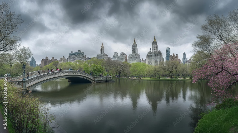Bow Bridge under hazy skies in Central Park, spring in the city Bow Bridge under hazy skies in Central Park, spring in the city