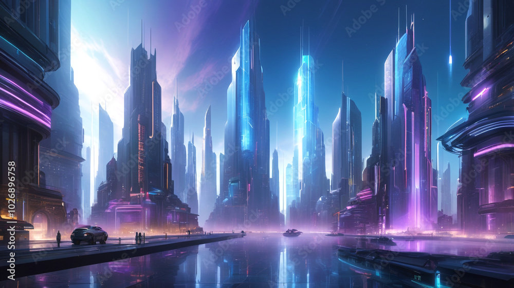 Fototapeta premium Futuristic High-Tech Utopian Cityscape in a Virtual Reality Universe – Sleek Skyscrapers, Neon Lights, and Glowing Circuitry