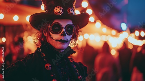 Portrait of a person dressed as a vampire at a Halloween festival, with a scenic background of spooky lights and festival decorations photo