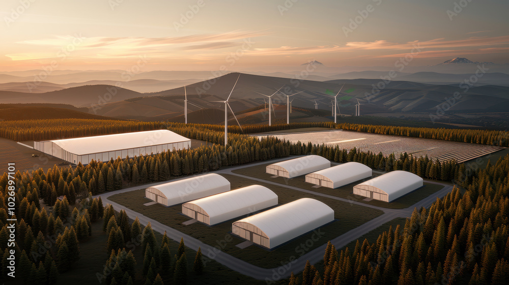 Fototapeta premium serene landscape featuring green hydrogen plant surrounded by wind turbines and solar panels, nestled among lush forests and rolling hills. scene captures essence of sustainable energy