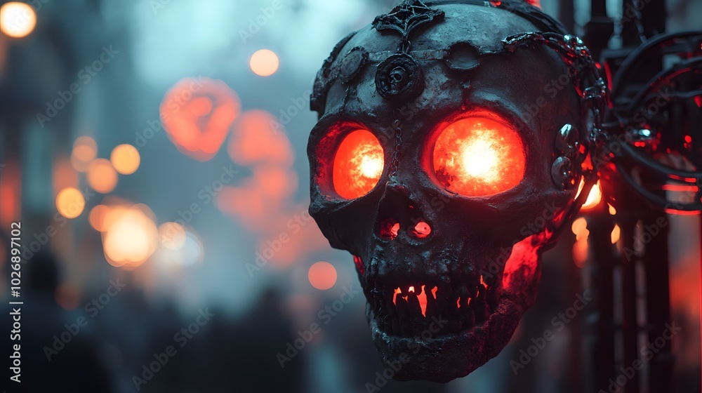 Close-up of a strange Halloween prop with eerie details, set against a realistic festival background filled with fog and glowing lights Close-up of a strange Halloween prop with eerie details, set against a realistic festival background filled with fog and glowing lights