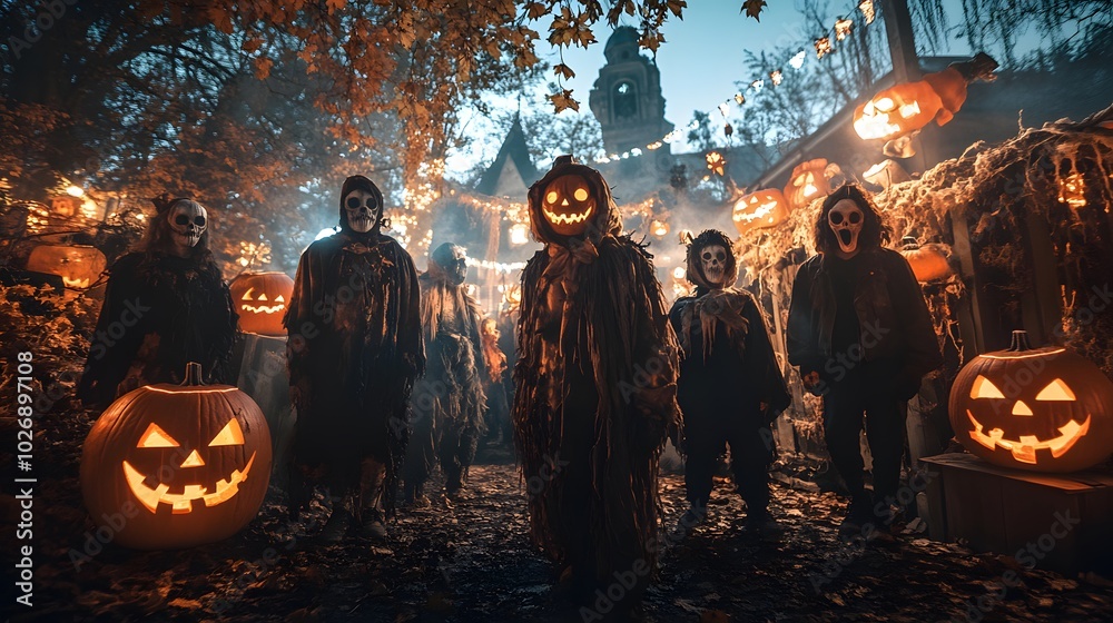 Portrait of a group of friends in weird Halloween costumes, standing in a spooky festival scene with eerie lighting and strange decorations