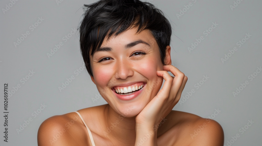 Close-up portrait of a young woman smiling joyfully with radiant skin Close-up portrait of a young woman smiling joyfully with radiant skin
