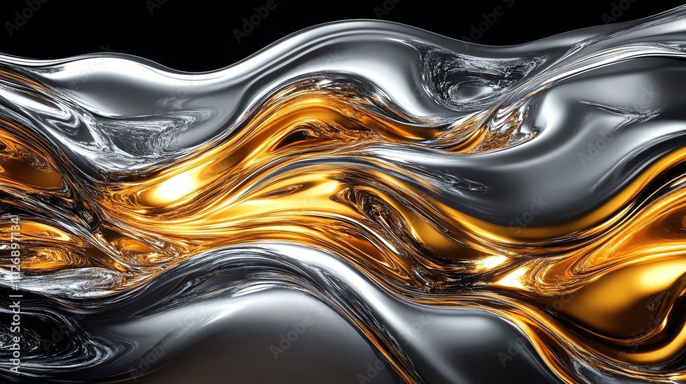 Abstract wavy pattern of gold and silver liquid metal on a black background. Abstract wavy pattern of gold and silver liquid metal on a black background.