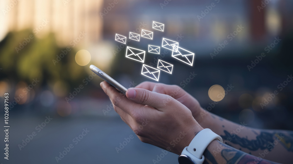 A person is holding a cell phone with a screen that shows a bunch of emails. Concept of being constantly connected to the digital world A person is holding a cell phone with a screen that shows a bunch of emails. Concept of being constantly connected to the digital world
