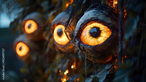Close-up of a creepy Halloween decoration with weird, glowing eyes, set against a realistic and scenic festival background