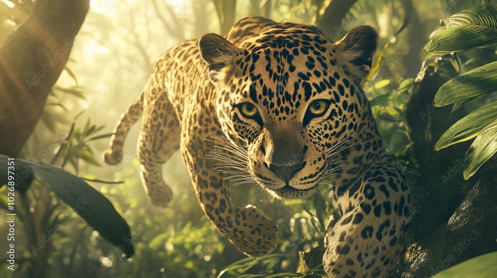 Majestic Leopard Stalking Through the Lush Jungle Foliage Majestic Leopard Stalking Through the Lush Jungle Foliage
