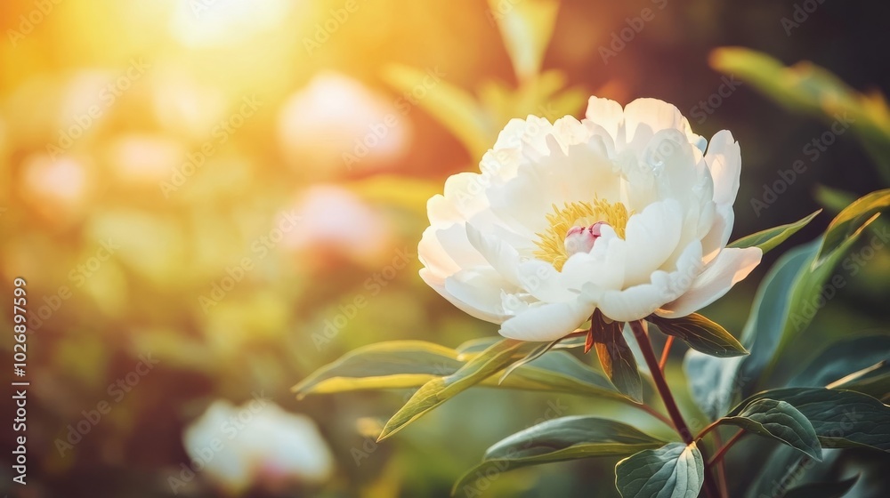 White flowering herbaceous peony in garden under sun White flowering herbaceous peony in garden under sun