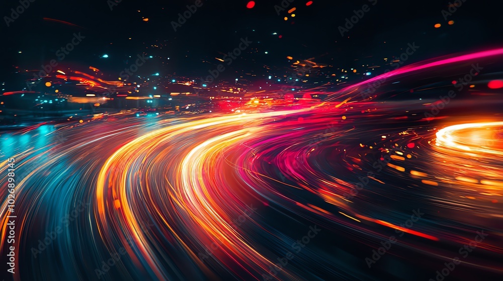 Obraz premium Abstract long exposure of car lights on a highway at night.