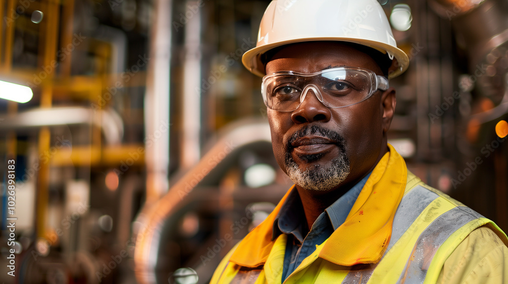 Male engineer wearing hard hat and safety glasses in an industrial plant