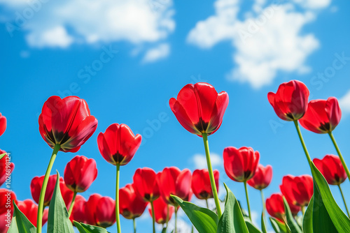 Field of red tulips with blue sky during the daytime , Flower and agriculture concept.