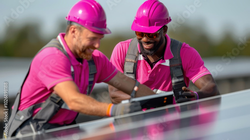 Engineers in pink helmets inspecting solar panels, showcasing teamwork and innovation in renewable energy. Their smiles reflect positive impact of sustainable technology