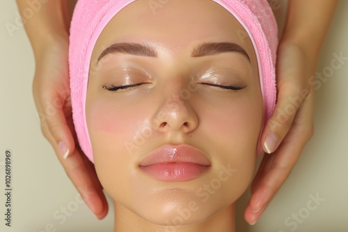 Facial Massage Therapy: Young Woman Receives Curative Cheeks Massage from Skilled Therapist in Beauty Salon photo