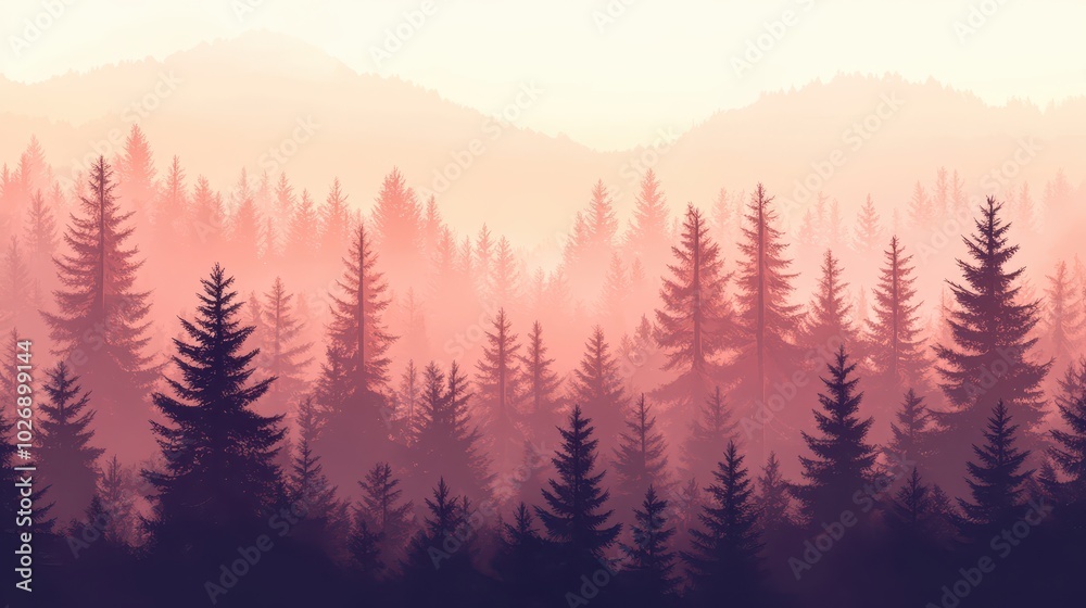 Fototapeta premium Misty Retro Landscape Featuring a Fir Forest in Serene Vintage Style