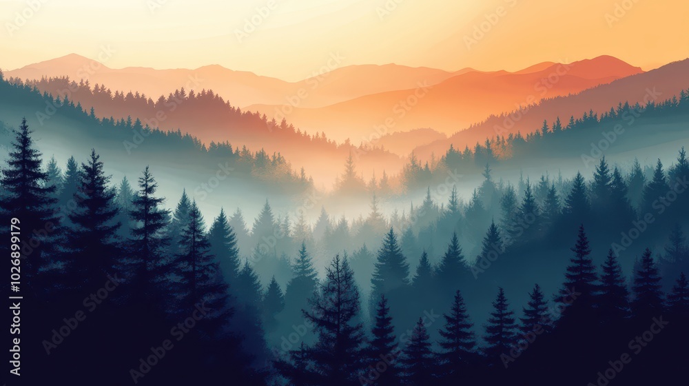 Obraz premium Misty Retro Landscape Featuring a Fir Forest at Dawn's Embrace