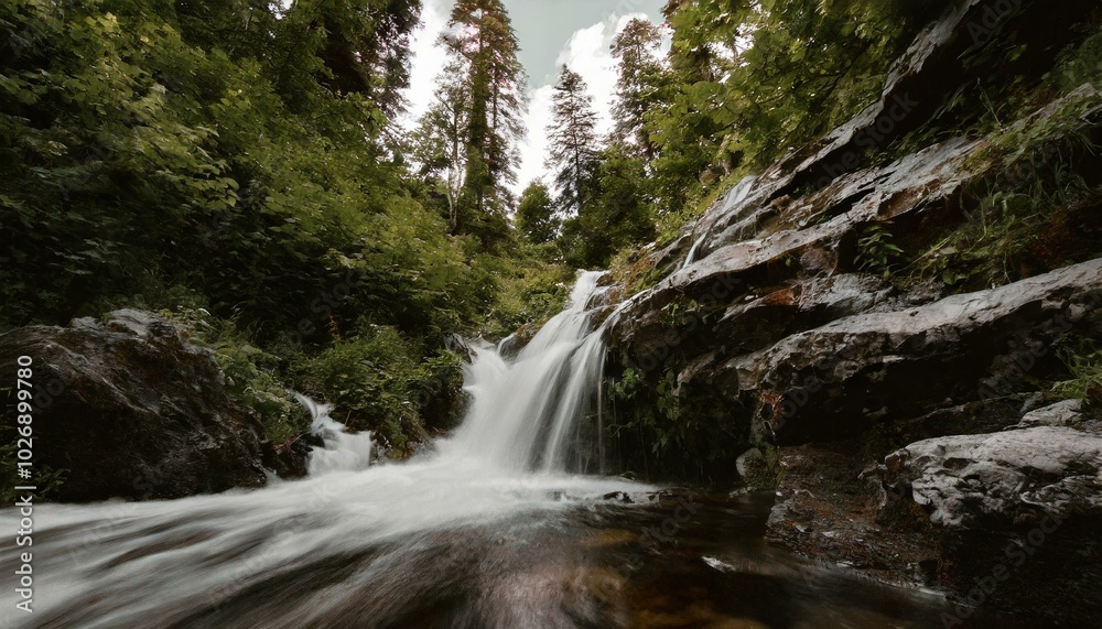 Fototapeta premium nature, forest, sky, mountain, trees, green, leaf, leaves, river, fall
