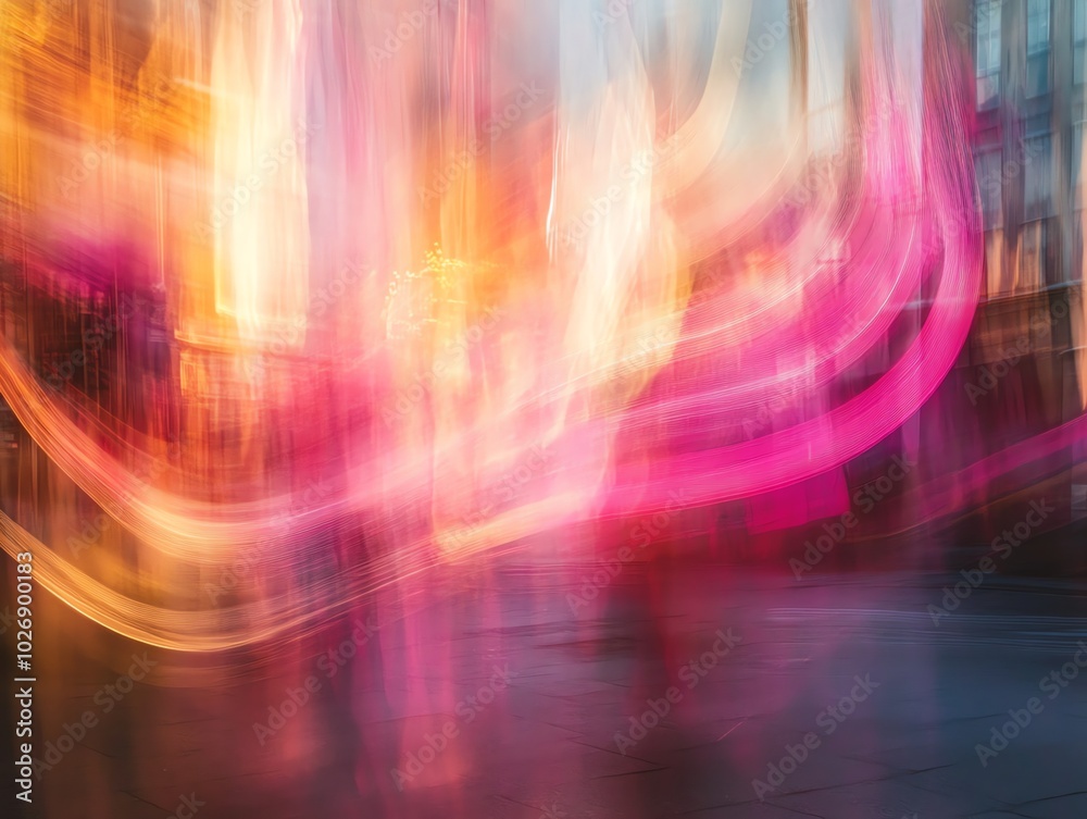 Abstract blurred city lights background with pink, orange and yellow light streaks creating a dynamic and modern design. Abstract blurred city lights background with pink, orange and yellow light streaks creating a dynamic and modern design.