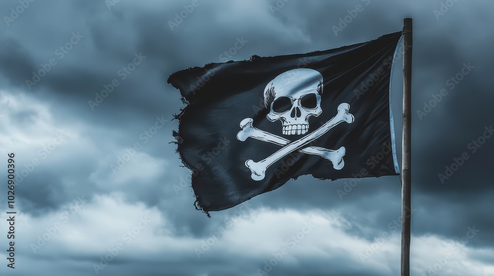 Fototapeta premium Pirate Flag with Skull and Bones Waving in the Wind Against a Cloudy Sky