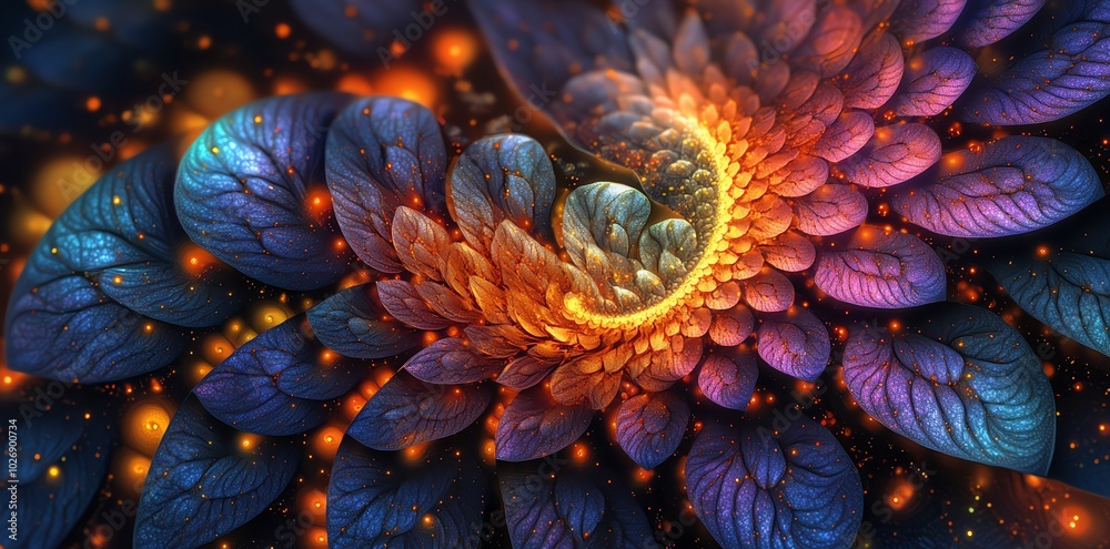 Abstract fractal art with swirling flower petals in shades of blue and orange with glowing lights. Abstract fractal art with swirling flower petals in shades of blue and orange with glowing lights.