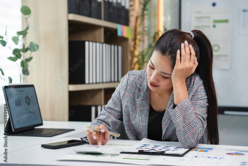 Young asian accountant is feeling tired while calculating company income and expenses at her office desk Young asian accountant is feeling tired while calculating company income and expenses at her office desk