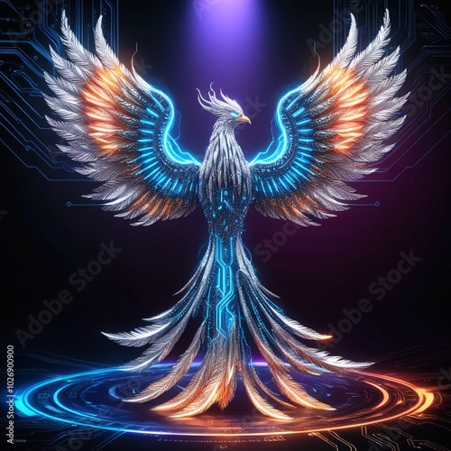 Surreal Phoenix Illustration with Glowing Blue Fire and Binary Code – Futuristic, Three-Dimensional Fantasy Art with Feathers and Neon Elements on a Dark Background