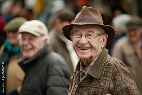 Portrait of an elderly man in a hat and glasses on the street