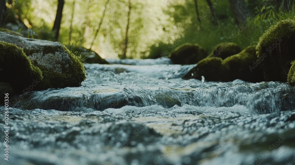Serene Forest Stream with Moss-Covered Rocks and Clear Running Water Serene Forest Stream with Moss-Covered Rocks and Clear Running Water