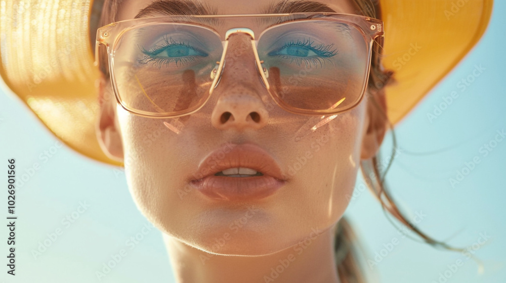 Relaxed woman wearing sunglasses enjoying beach. Summer Glow: A Relaxed Woman Enjoying the Sun. A woman with sunglasses and a wide-brimmed hat enjoys a sunny day, radiating joy and tranquility. Relaxed woman wearing sunglasses enjoying beach. Summer Glow: A Relaxed Woman Enjoying the Sun. A woman with sunglasses and a wide-brimmed hat enjoys a sunny day, radiating joy and tranquility.