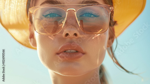 Relaxed woman wearing sunglasses enjoying beach. Summer Glow: A Relaxed Woman Enjoying the Sun. A woman with sunglasses and a wide-brimmed hat enjoys a sunny day, radiating joy and tranquility.