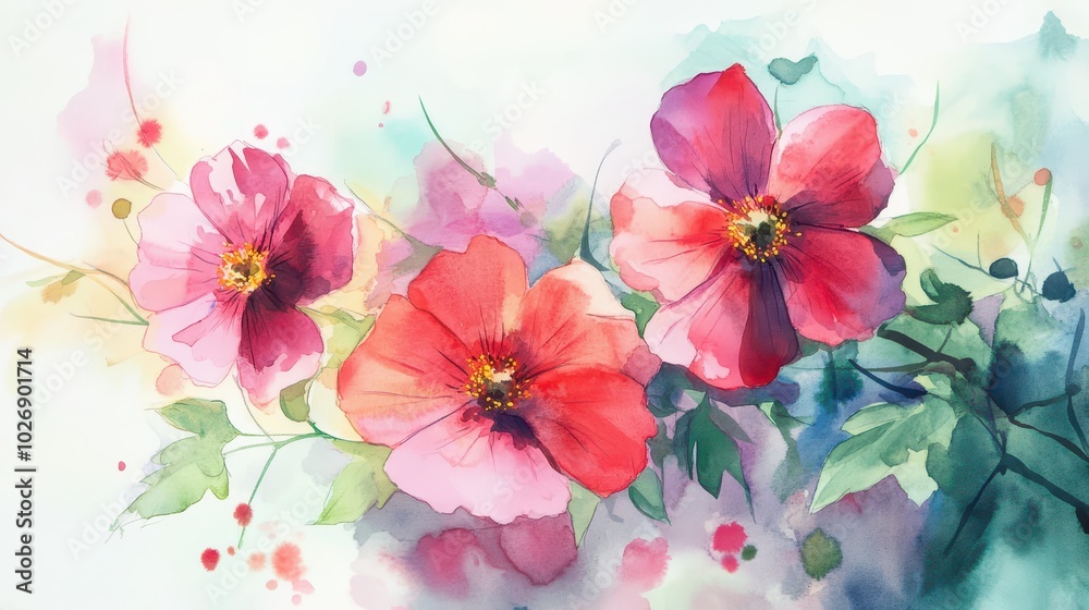 Fototapeta premium Watercolor Illustration of Vibrant Flowers A Delicate Floral Artwork