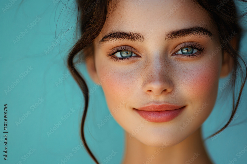 Close-up of a young woman with blue eyes and freckles, smiling softly with glowing skin against a turquoise background Close-up of a young woman with blue eyes and freckles, smiling softly with glowing skin against a turquoise background