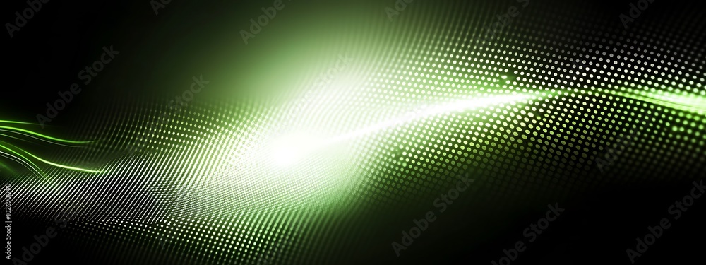 Abstract green and white light wave with a black background.