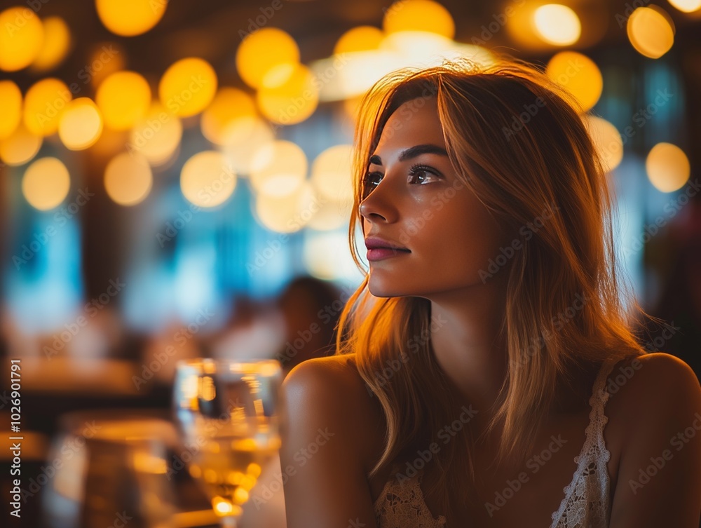 A woman enjoying an intimate dinner at a romantic restaurant with yellow lighting and elegant white tables A woman enjoying an intimate dinner at a romantic restaurant with yellow lighting and elegant white tables