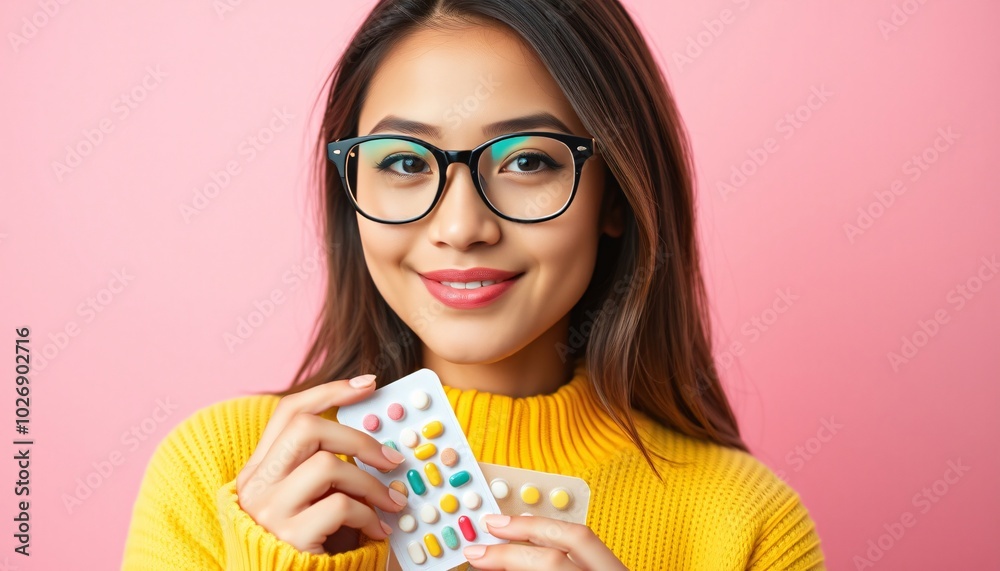 Smiling woman holding pill packs. Health and wellness concept Smiling woman holding pill packs. Health and wellness concept