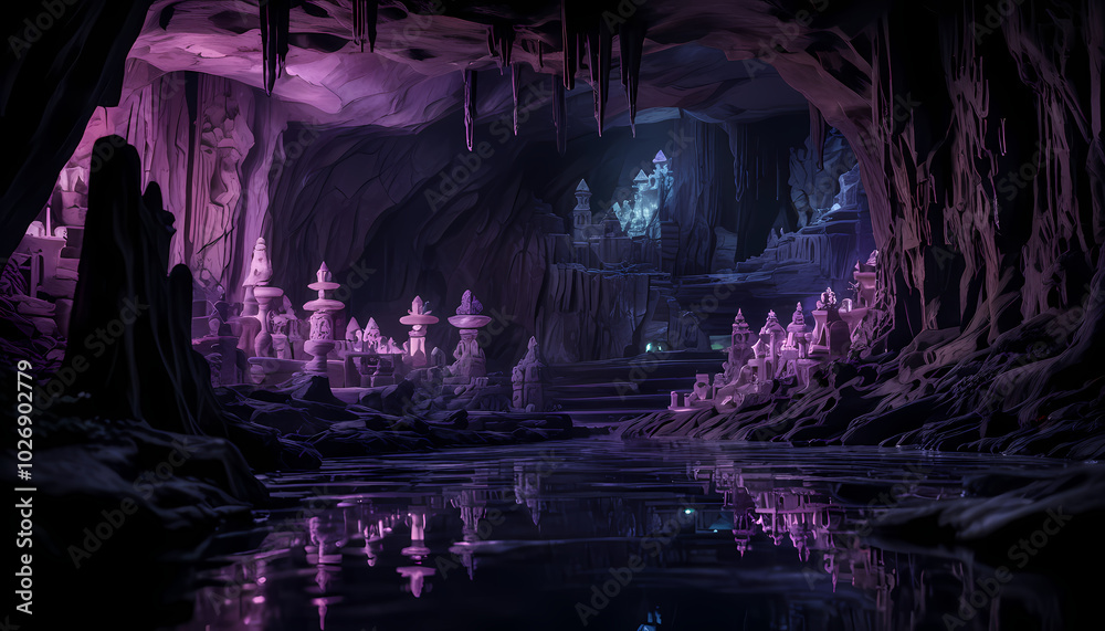 Underworld landscape showing vast caverns filled with intricate carvings, shimmering purple floating lights, elven architecture