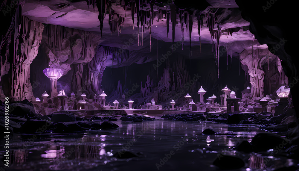 Underworld landscape showing vast caverns filled with intricate carvings, shimmering purple floating lights, elven architecture Underworld landscape showing vast caverns filled with intricate carvings, shimmering purple floating lights, elven architecture