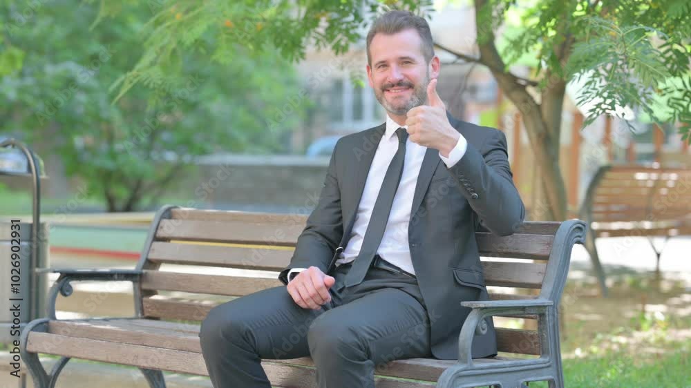 Thumbs Up by Middle Aged Businessman Sitting Outdoor Thumbs Up by Middle Aged Businessman Sitting Outdoor