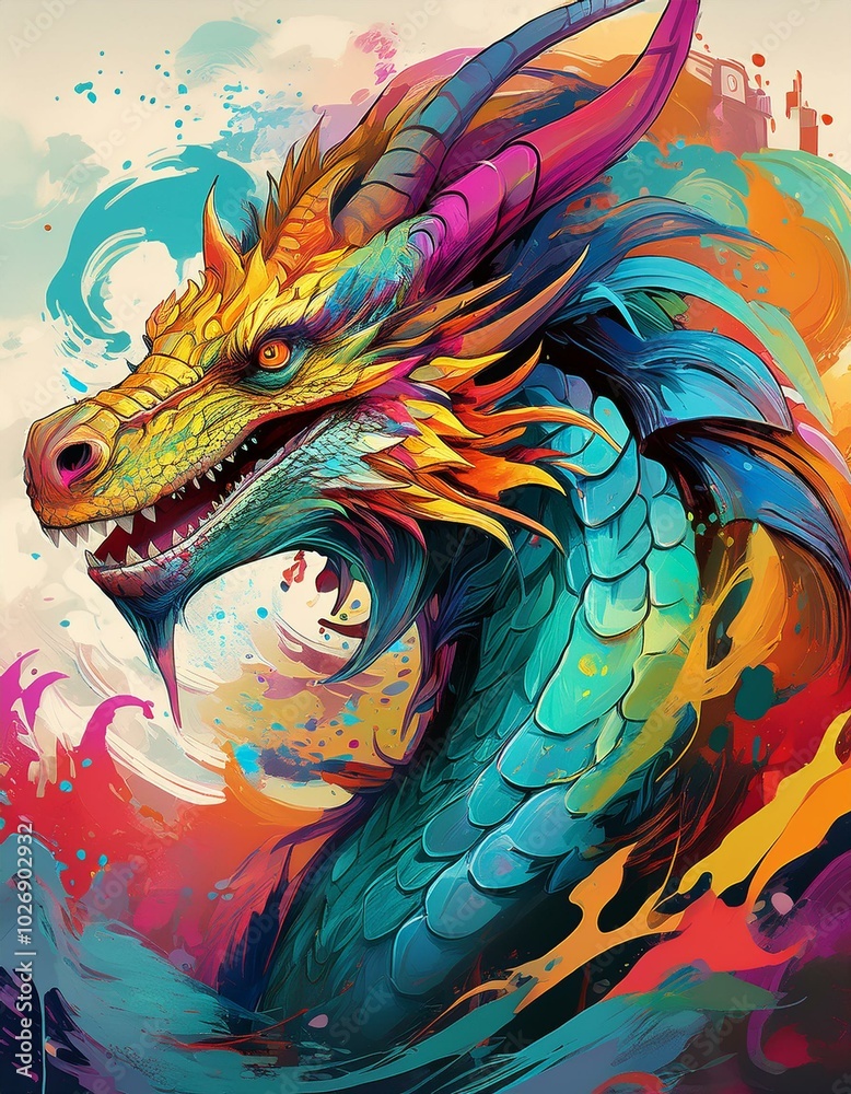 Obraz premium graffiti style dragon, spray art, splash, colorful, animal