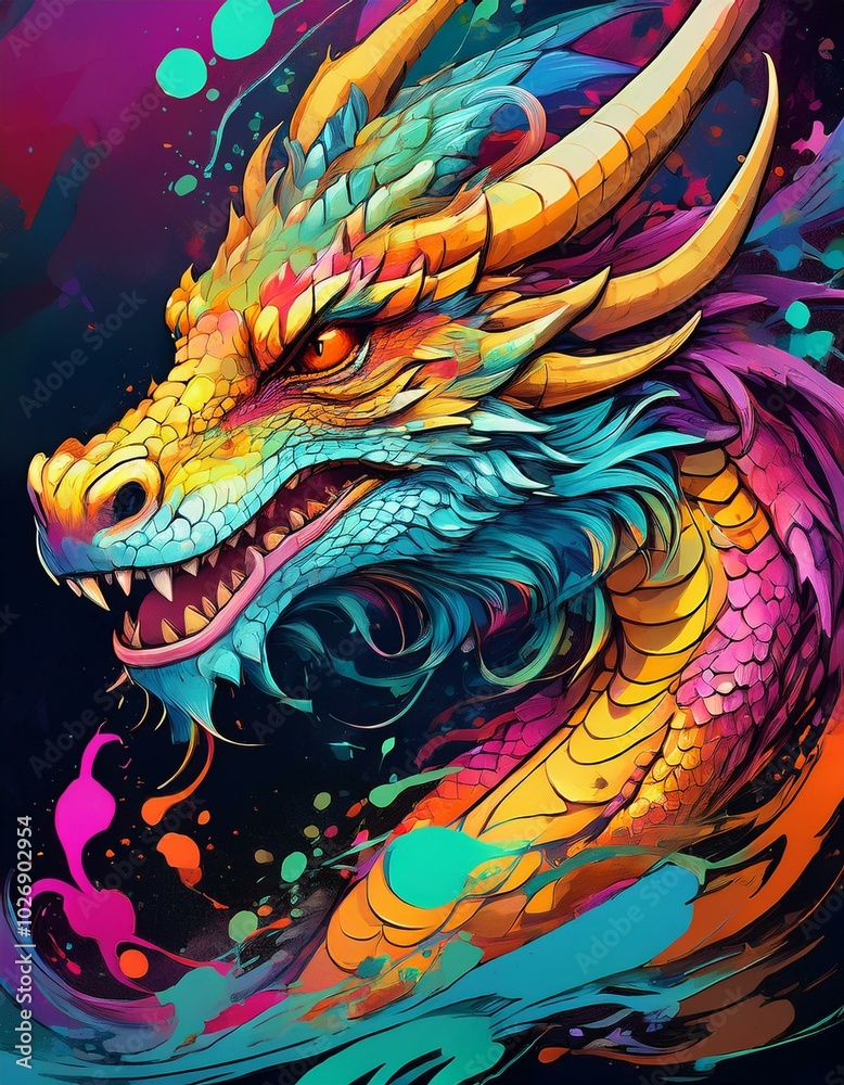 graffiti style dragon side, spray art, splash, colorful, animal graffiti style dragon side, spray art, splash, colorful, animal