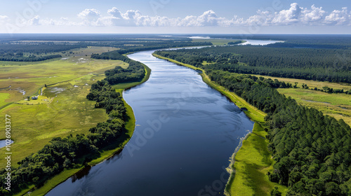 Aerial view of winding river surrounded by lush green fields and forests, showcasing beauty of nature and tranquility. landscape features vibrant colors and serene atmosphere