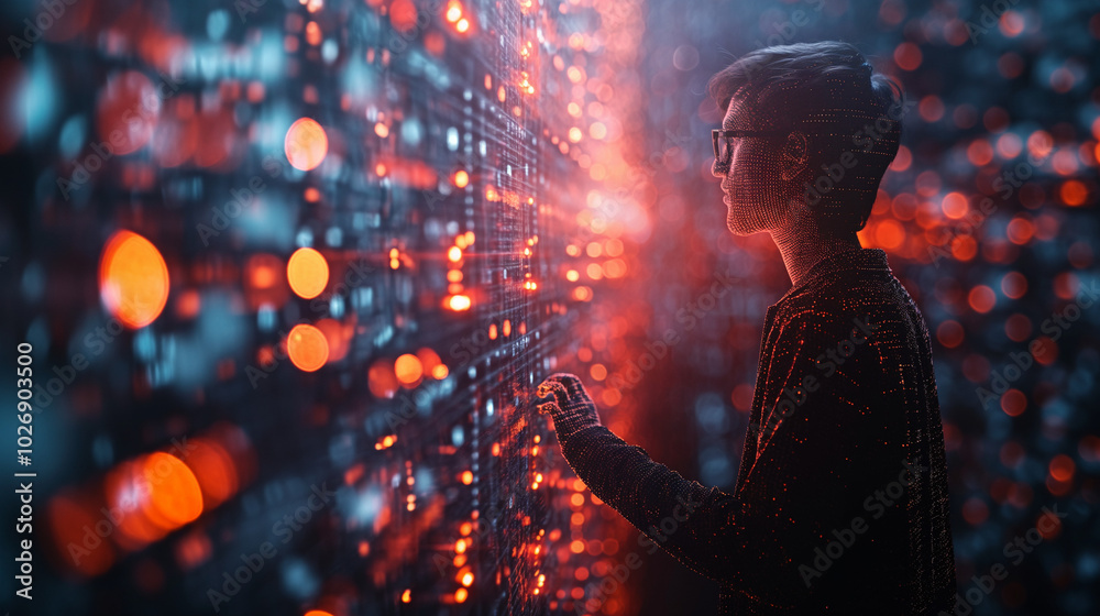 A complex web of code, firewalls, and warning symbols with a hacker silhouette and data breach alerts, highlighting cybersecurity threats and vulnerabilities in protecting digital systems. A complex web of code, firewalls, and warning symbols with a hacker silhouette and data breach alerts, highlighting cybersecurity threats and vulnerabilities in protecting digital systems.
