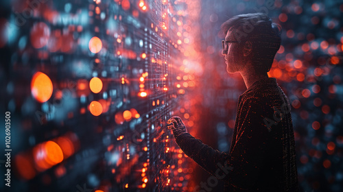 A complex web of code, firewalls, and warning symbols with a hacker silhouette and data breach alerts, highlighting cybersecurity threats and vulnerabilities in protecting digital systems.