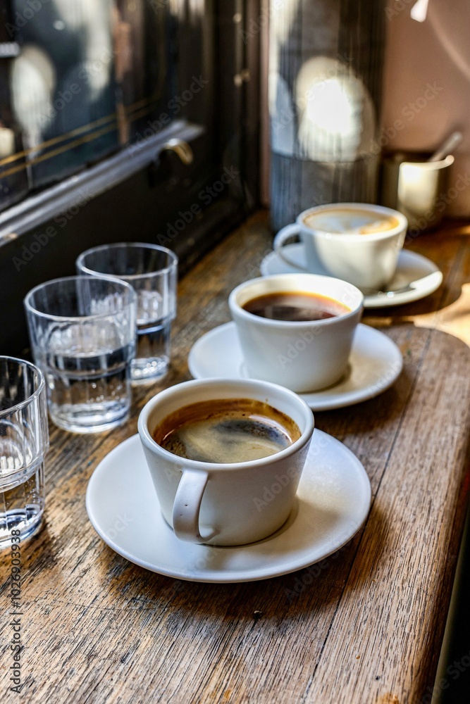 Three Cups of Coffee by a Window. Three cups of freshly brewed coffee sit on a rustic wooden table next to clear glasses of water, positioned near a sunlit window. 