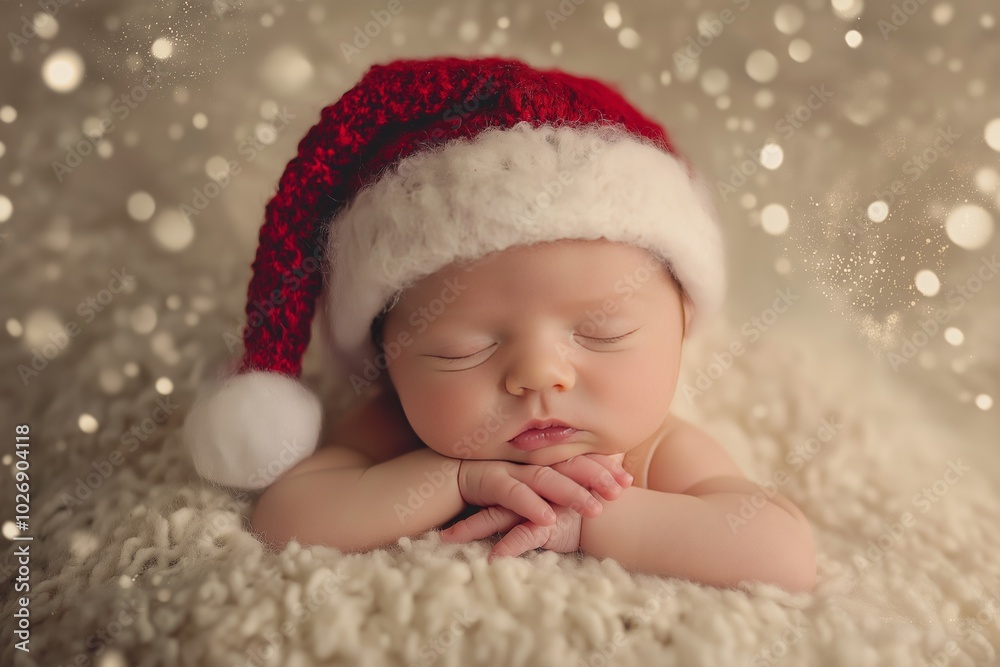A peaceful newborn baby wearing a Santa hat peacefully sleeps on soft, cozy blankets during the joyful Christmas season A peaceful newborn baby wearing a Santa hat peacefully sleeps on soft, cozy blankets during the joyful Christmas season