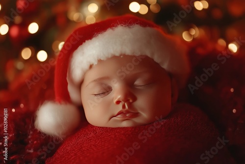 Newborn baby wearing a Santa Claus hat resting peacefully amid Christmas decorations